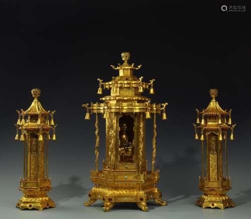 Set of Chinese Gilt Bronze Temple Case/Box