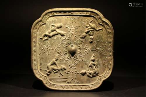 Chinese Bronze Square Mirror, Erotic Subject