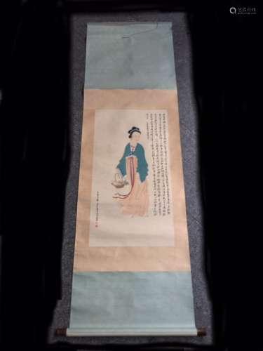 Chinese Ink/Color Scroll Painting, Lady w Basket