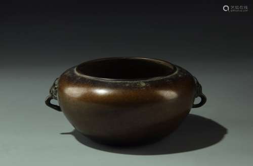CHINESE BRONZE INCENSE BURNER WITH HANDLES