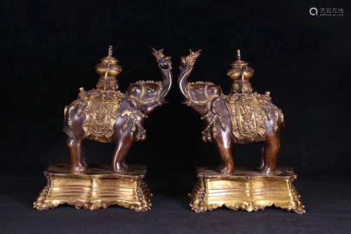 Pair of Tibetan Gilt Bronze Elephant