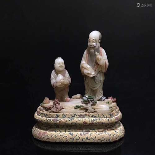 Chinese Soapstone Carved Old Man w Child