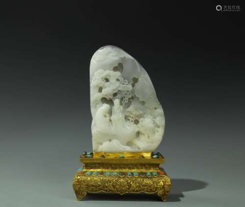 Chinese Jade Carved Mountain Boulder w/Gilt Bronze