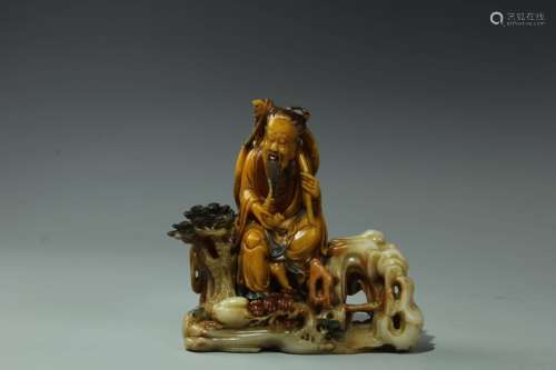 Chinese Soapstone Carved FisherMan Seated on Stone