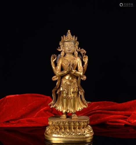 Chinese Gilt Bronze Four Arms Guanyin