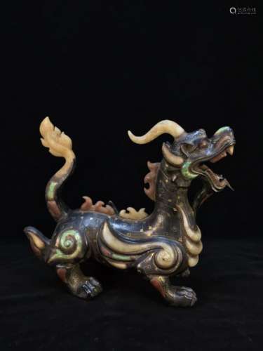 Chinese Bronze Beast w Jade and Gem