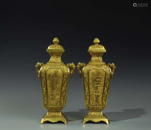 Pair of Chinese Gilt Bronze Square Vases