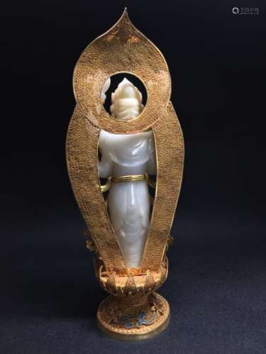 Chinese Hetian Jade Buddha w Gilt Bronze Stand