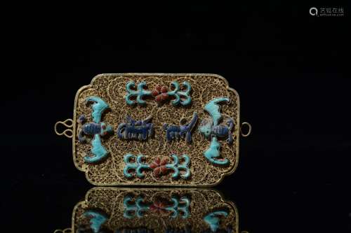 Chinese Silver Enamel Zhaijie Plaque w Turquoise