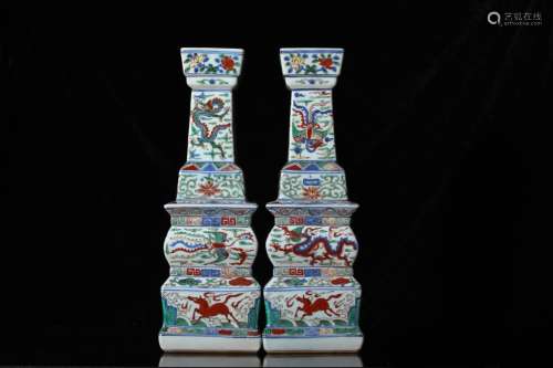 Pair of Chinese Wucai Porcelain Candle Holder