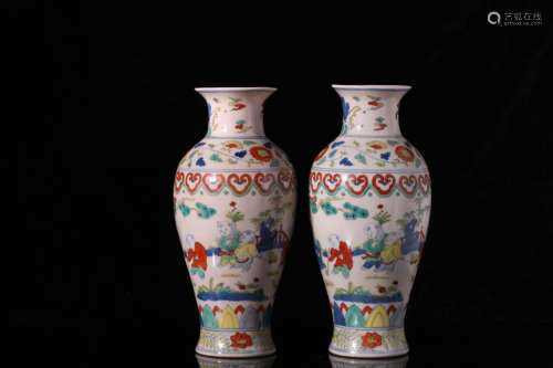 Pair of Chinese Wucai Porcelain Vases