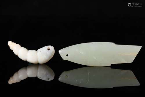 Two Chinese Jade Carved Fish and Worm