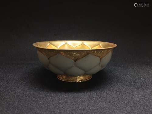 Chinese Gilt Bronze Bowl w Jade