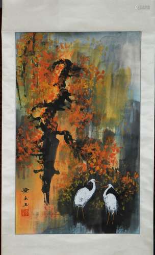 Chinese Ink/Color Scroll Painting of 2 Cranes