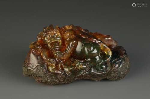 Carved Chinese Amber of Mythical Beast