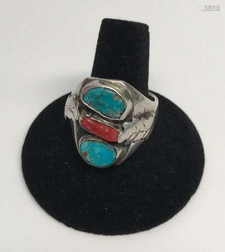 Indian Silver Ring Mounted Turquoise and Coral