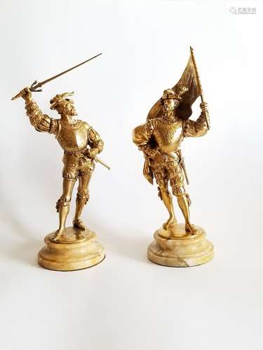 19C French Pair Gilt Bronze Statues Cavalier