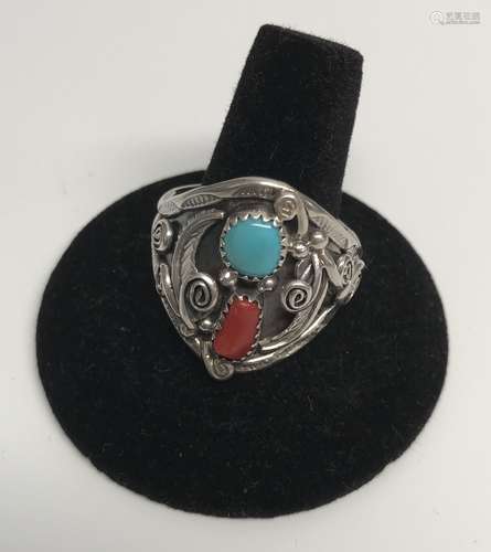 Indian Silver Ring Mounted Turquoise and Coral