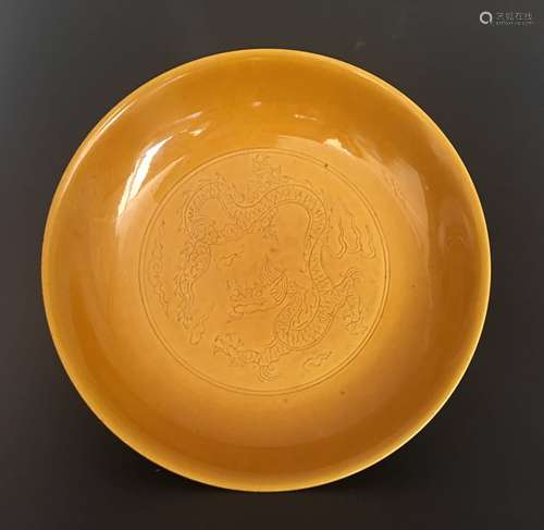 Chinese Yellow Glazed Porcelain Plate, Marked