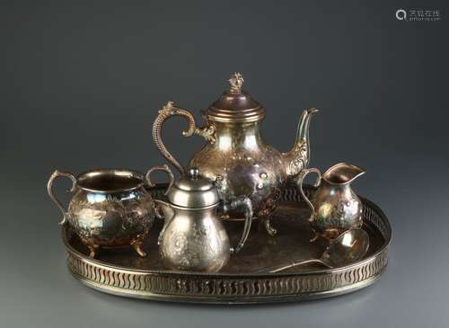 A Set of 4 Silver or Silver Plated Teaset w/ Tray