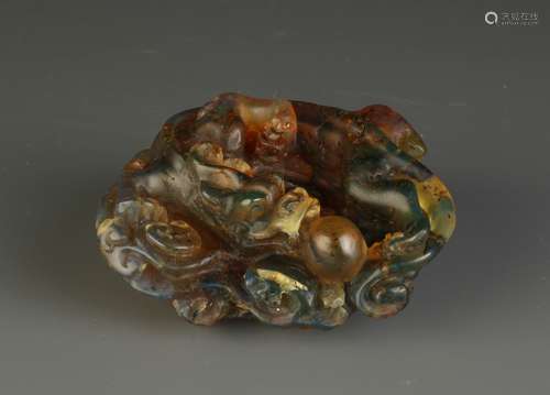 Carved Chinese ChiLong Green Amber