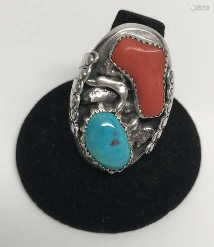 Indian Silver Ring Mounted Turquoise and Coral