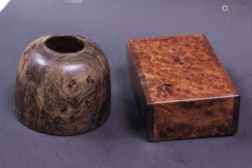 Chinese Wood Carved Brush Washer & Box