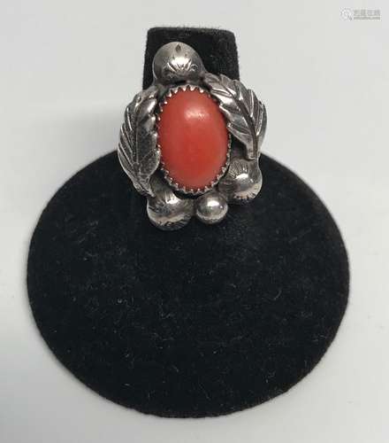 Indian Silver Ring Mounted Coral