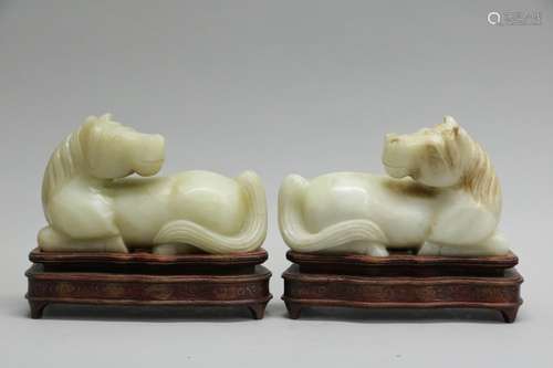 Pair of Chinese Jade Carved Seated Horse, 19th C.