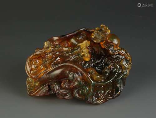 Carved Chinese Amber of Two Dragons