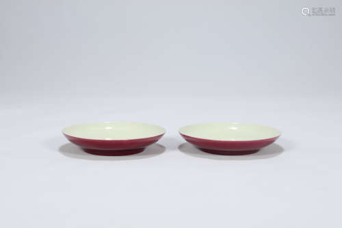 Pair of Chinese red glazed porcelain plates.