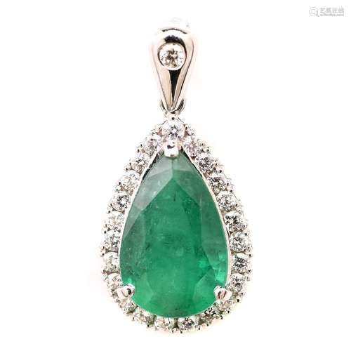 Emerald, Diamond, 18k White Gold Pendant.