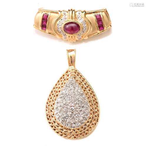 Collection of Two Ruby, Diamond, 14k Yellow Gold
