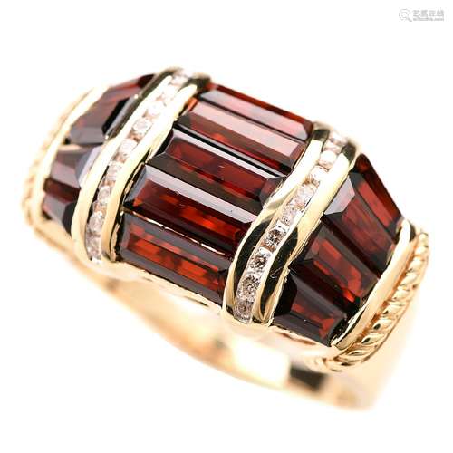 Garnet, Diamond, 10k Yellow Gold Ring