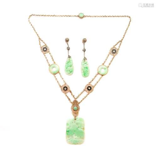 Jade, Enamel, Silver-Gilt Jewelry Suite.