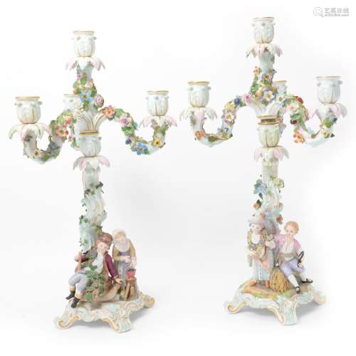 Pair of Meissen Four Light Candelabra with Courting