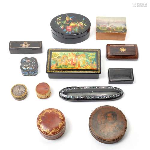 Twelve Decorative Lacquered Snuff or Pill Boxes.