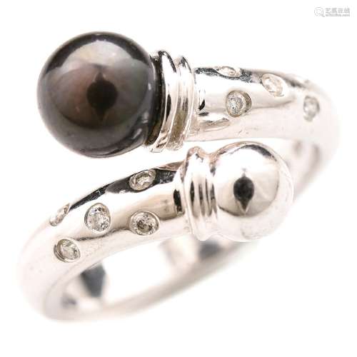 Cultured Pearl, Diamond, 14k White Gold Ring.