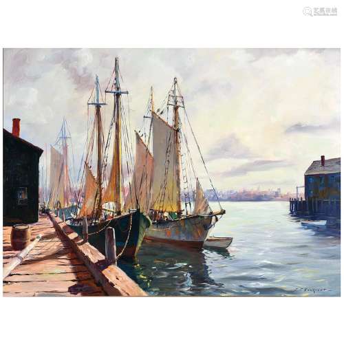 C Hjalmar "Cappy" Amundsen "Boats in Harbor" oil on