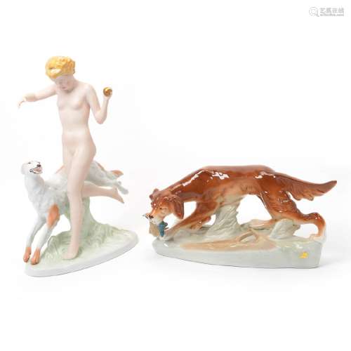 Royal Dux Nude Figure with Dog ("Diana"), and Retriever