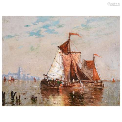 Walter Lansil "Dutch Riverboat" oil on canvas