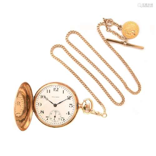 Waltham 14k Yellow Gold Pocket Watch with Chain.