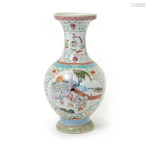Famille Rose Baluster Figural Vase, Qianlong Mark