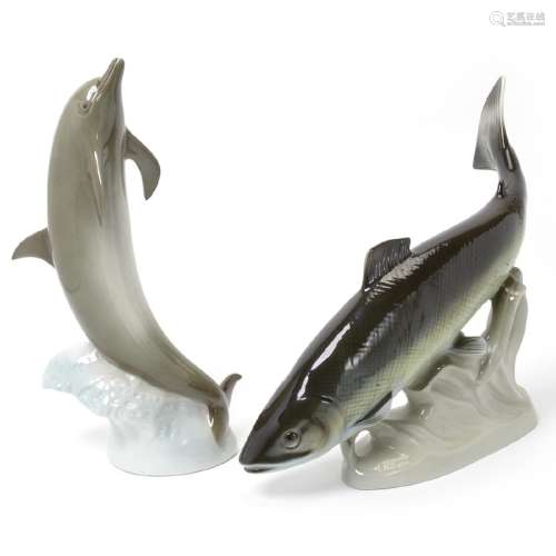 Two Royal Dux Figures of Dolphin and Trout.