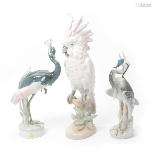 Three Royal Dux Figures of Birds: Heron, Cockatoo, and