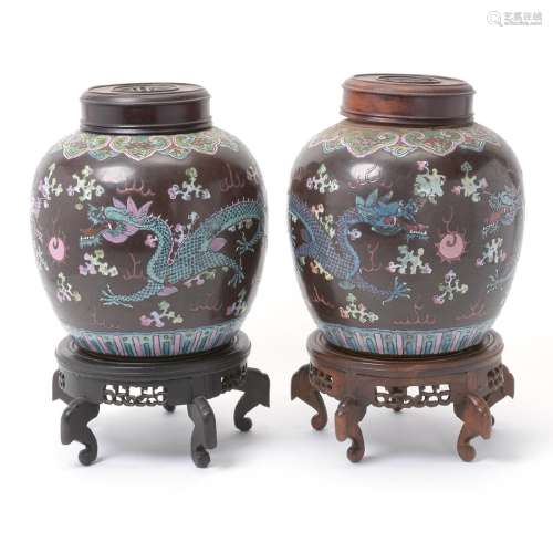 Pair of Enamel Decorated Ceramic Jars, Late 19th/Early