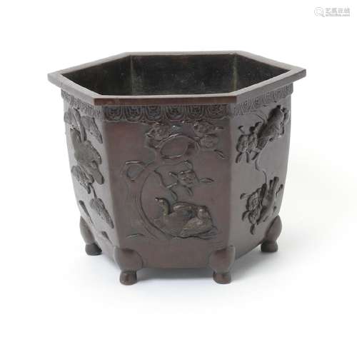 Japanese Patinated Hexagonal Bronze Planter, Meiji