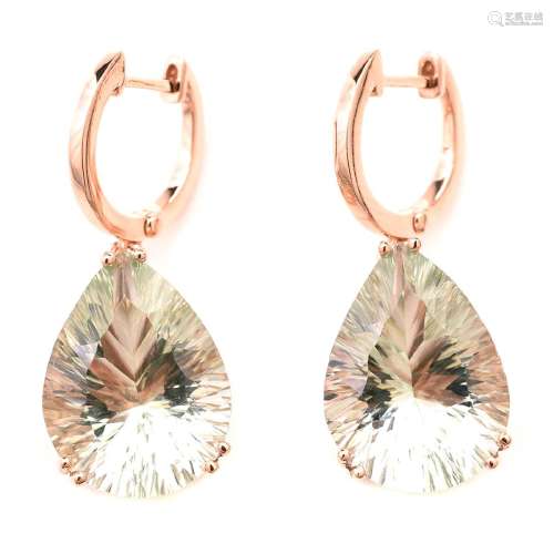 Pair of Green Quartz, 14k Rose Gold Earrings