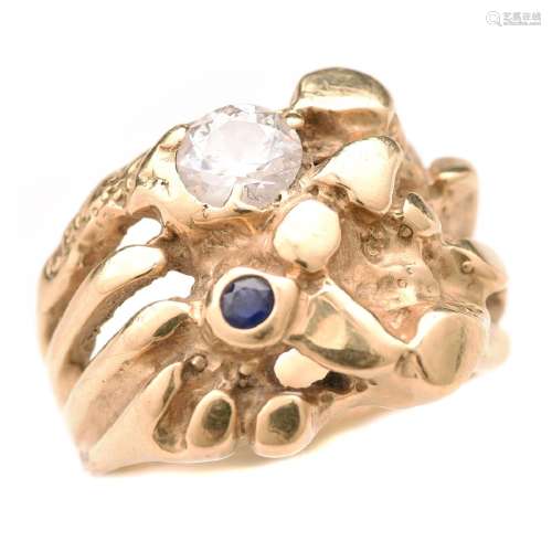 Diamond, Synthetic Sapphire, 14k Yellow Gold Ring