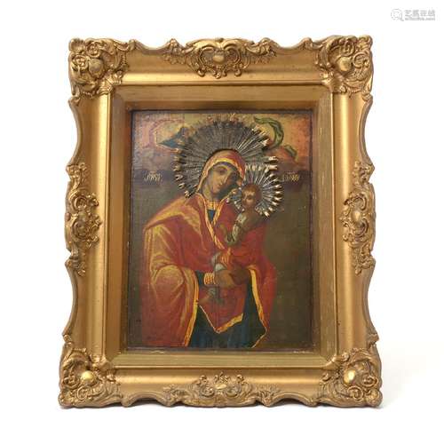 Russian Madonna and Child Icon with Riza Halos Mounted